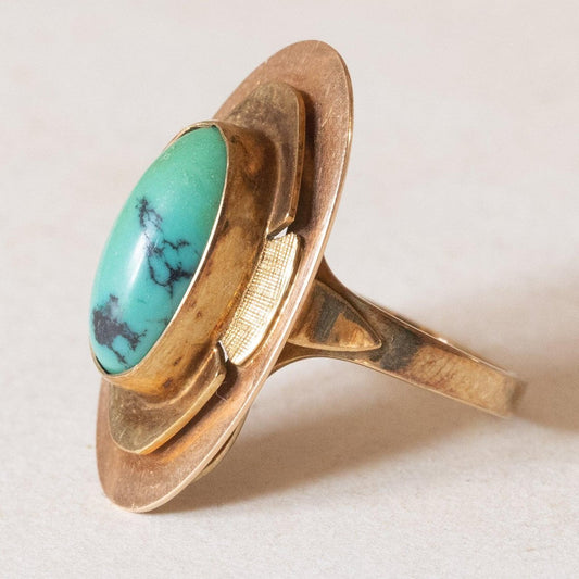 Art Nouveau 14k Yellow Gold Turquoise Ring, 1920s