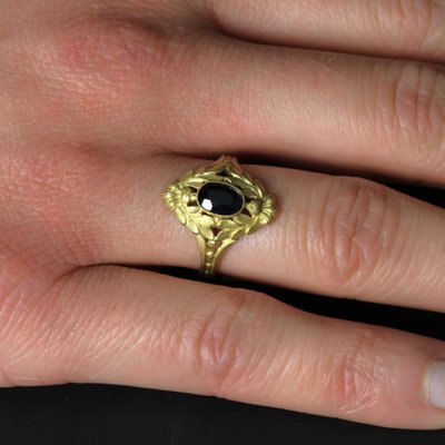 Art Nouveau 18 Karat Yellow Gold Ring with Sapphire, 1890s-OLU-1817128