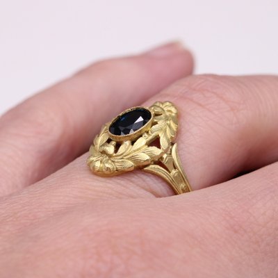 Art Nouveau 18 Karat Yellow Gold Ring with Sapphire, 1890s-OLU-1817128