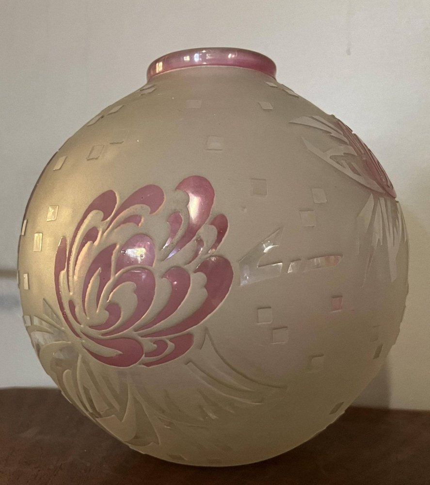 Art Nouveau Acid Bleached White Rosé Vase Boule from d'Après Delatte Nancy