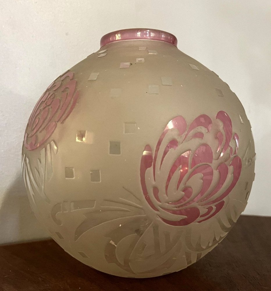 Art Nouveau Acid Bleached White Rosé Vase Boule from d'Après Delatte Nancy