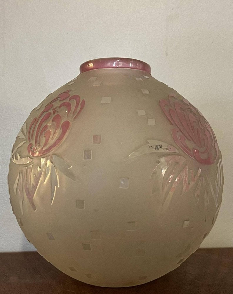 Art Nouveau Acid Bleached White Rosé Vase Boule from d'Après Delatte Nancy