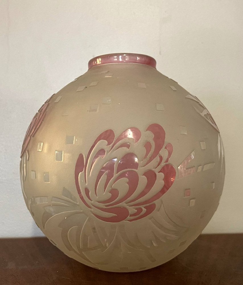 Art Nouveau Acid Bleached White Rosé Vase Boule from d'Après Delatte Nancy