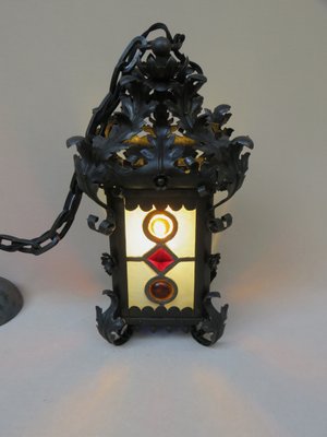 Art Nouveau Arts & Crafts Wrought Iron & Colored Lead Glazing Ceiling Light-EY-920127