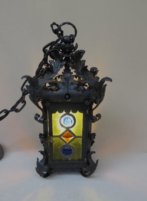 Art Nouveau Arts & Crafts Wrought Iron & Colored Lead Glazing Ceiling Light-EY-920127