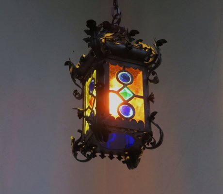 Art Nouveau Arts & Crafts Wrought Iron & Colored Lead Glazing Ceiling Light-EY-920127