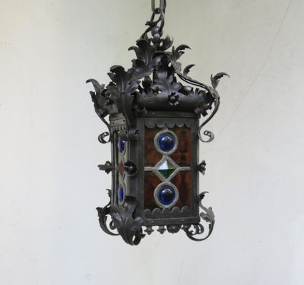 Art Nouveau Arts & Crafts Wrought Iron & Colored Lead Glazing Ceiling Light-EY-920127