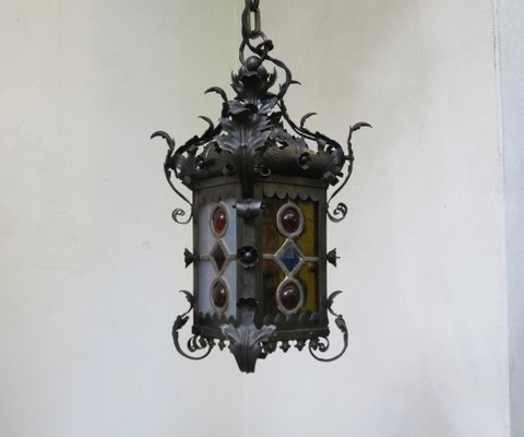 Art Nouveau Arts & Crafts Wrought Iron & Colored Lead Glazing Ceiling Light-EY-920127