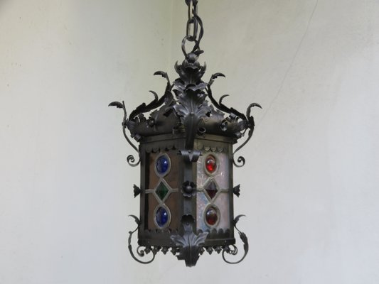 Art Nouveau Arts & Crafts Wrought Iron & Colored Lead Glazing Ceiling Light-EY-920127