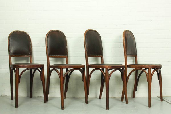 Art Nouveau Bentwood and Leather Dining Room Chairs from Fischel, 1910s, Set of 4-ZA-1409186