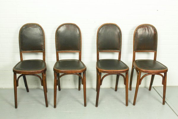 Art Nouveau Bentwood and Leather Dining Room Chairs from Fischel, 1910s, Set of 4-ZA-1409186