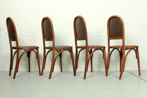 Art Nouveau Bentwood and Leather Dining Room Chairs from Fischel, 1910s, Set of 4-ZA-1409186