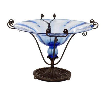 Art Nouveau Blue Murano Glass Wrought Iron Vase by Cappellin Bellotto, 1900s-KGD-1298505