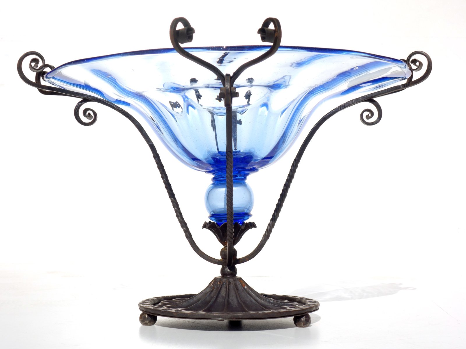 Art Nouveau Blue Murano Glass Wrought Iron Vase by Cappellin Bellotto, 1900s