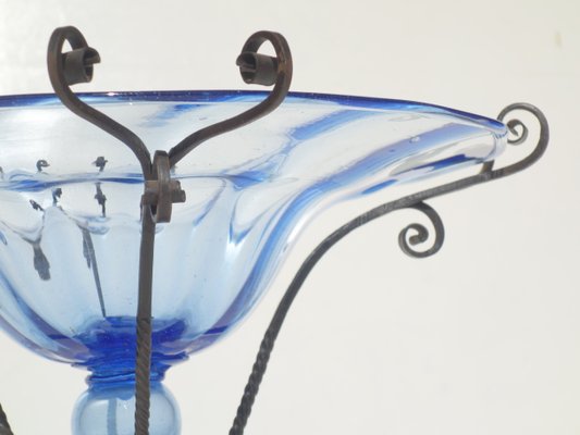 Art Nouveau Blue Murano Glass Wrought Iron Vase by Cappellin Bellotto, 1900s-KGD-1298505