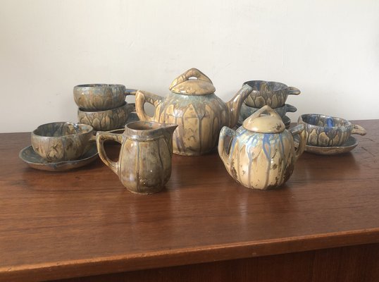 Art Nouveau Blue Running Glaze Tea Service, Set of 9-LXP-1353088