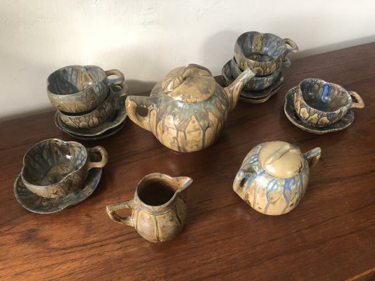 Art Nouveau Blue Running Glaze Tea Service, Set of 9-LXP-1353088