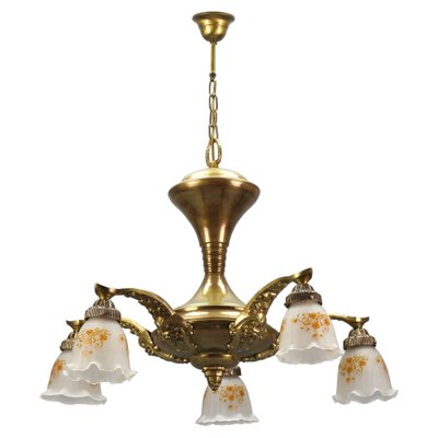 Art Nouveau Brass and Bronze Five-Light Chandelier with Frosted Glass Shades-KEG-1122996