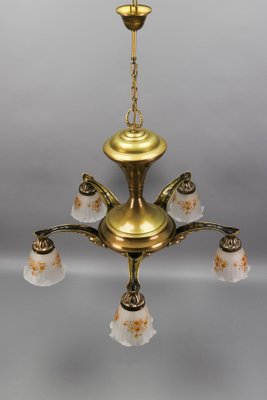 Art Nouveau Brass and Bronze Five-Light Chandelier with Frosted Glass Shades-KEG-1122996