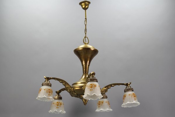 Art Nouveau Brass and Bronze Five-Light Chandelier with Frosted Glass Shades-KEG-1122996