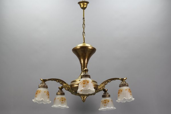 Art Nouveau Brass and Bronze Five-Light Chandelier with Frosted Glass Shades-KEG-1122996