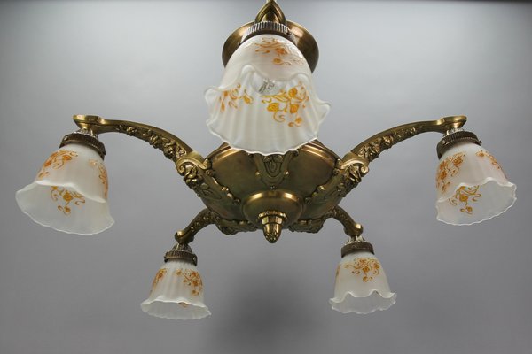 Art Nouveau Brass and Bronze Five-Light Chandelier with Frosted Glass Shades-KEG-1122996