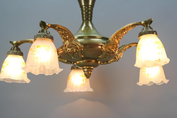 Art Nouveau Brass and Bronze Five-Light Chandelier with Frosted Glass Shades-KEG-1122996