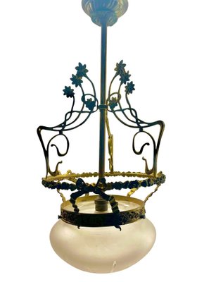 Art Nouveau Brass Chandelier with Floral Decorations, 1930s-MJY-1743410