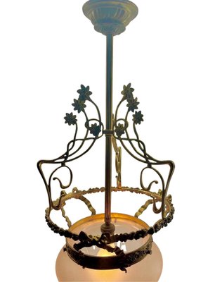 Art Nouveau Brass Chandelier with Floral Decorations, 1930s-MJY-1743410