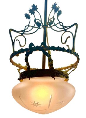 Art Nouveau Brass Chandelier with Floral Decorations, 1930s-MJY-1743410