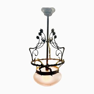 Art Nouveau Brass Chandelier with Floral Decorations, 1930s-MJY-1743410