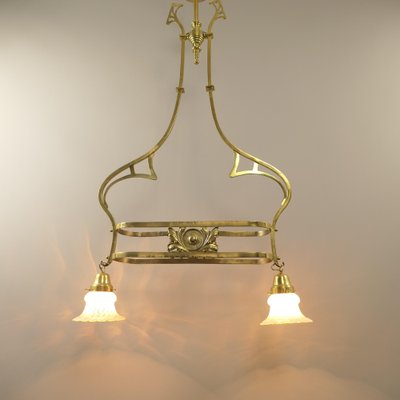 Art Nouveau Brass Chandelier with Vaseline Glass Lampshades, England, 1910s-KDB-1746476