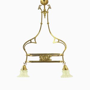 Art Nouveau Brass Chandelier with Vaseline Glass Lampshades, England, 1910s-KDB-1746476