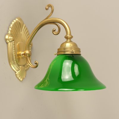 Art Nouveau Brass Wall Lamp with Green Flashed Glass, Vienna, 1910s-KDB-1761180