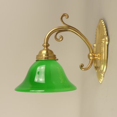 Art Nouveau Brass Wall Lamp with Green Flashed Glass, Vienna, 1910s-KDB-1761180