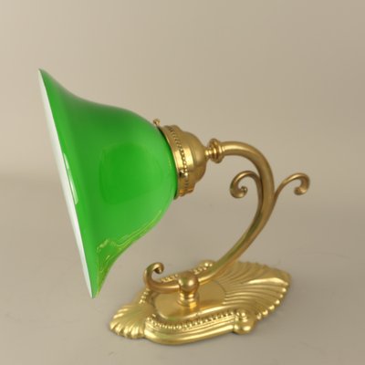 Art Nouveau Brass Wall Lamp with Green Flashed Glass, Vienna, 1910s-KDB-1761180