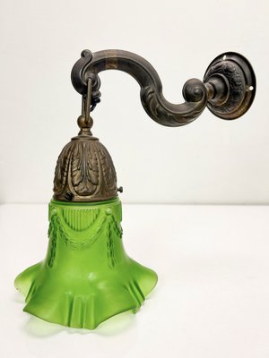 Art Nouveau Brass Wall Lamps with Green Glass Shades, 1940s, Set of 2-WZZ-1814460