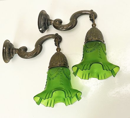 Art Nouveau Brass Wall Lamps with Green Glass Shades, 1940s, Set of 2-WZZ-1814460