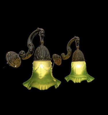 Art Nouveau Brass Wall Lamps with Green Glass Shades, 1940s, Set of 2-WZZ-1814460