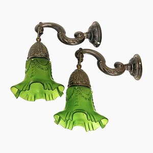 Art Nouveau Brass Wall Lamps with Green Glass Shades, 1940s, Set of 2-WZZ-1814460