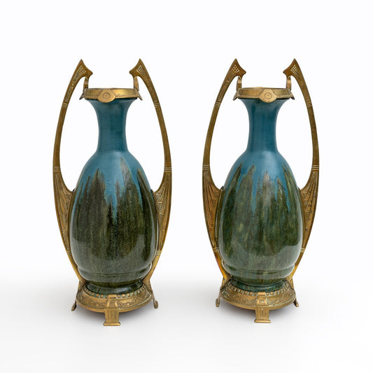 Art Nouveau Bronze and Ceramic Vases in the style of Otto Eckman, 1900s, Set of 2