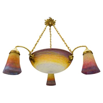 Art Nouveau Bronze and Polychrome Glass Chandelier from Muller Frères Lunéville, 1920s-KEG-1775017