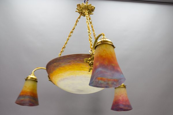 Art Nouveau Bronze and Polychrome Glass Chandelier from Muller Frères Lunéville, 1920s-KEG-1775017