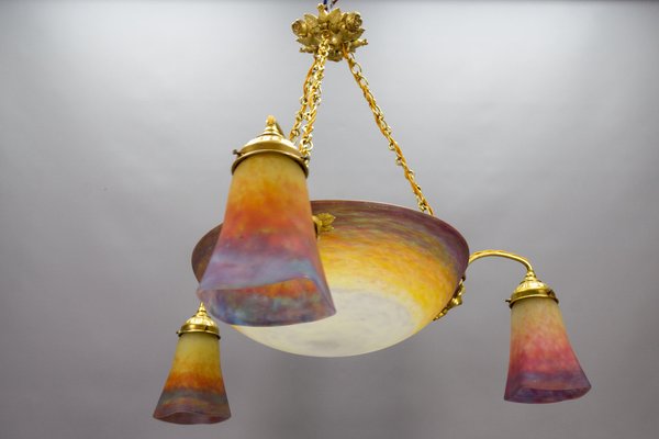 Art Nouveau Bronze and Polychrome Glass Chandelier from Muller Frères Lunéville, 1920s-KEG-1775017