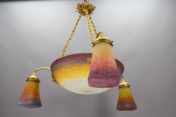 Art Nouveau Bronze and Polychrome Glass Chandelier from Muller Frères Lunéville, 1920s-KEG-1775017