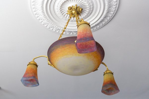 Art Nouveau Bronze and Polychrome Glass Chandelier from Muller Frères Lunéville, 1920s-KEG-1775017