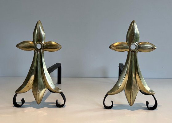 Art Nouveau Bronze Andirons in Lily Flower Morif, 1890s, Set of 2-BA-1516219