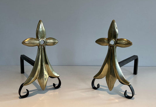 Art Nouveau Bronze Andirons in Lily Flower Morif, 1890s, Set of 2