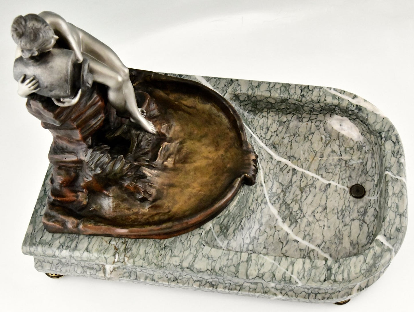 Art Nouveau Bronze Sculptural Tray or Indoor Fountain with Seated Nude Holding a Vase by Suzanne Bizard, France, 1900