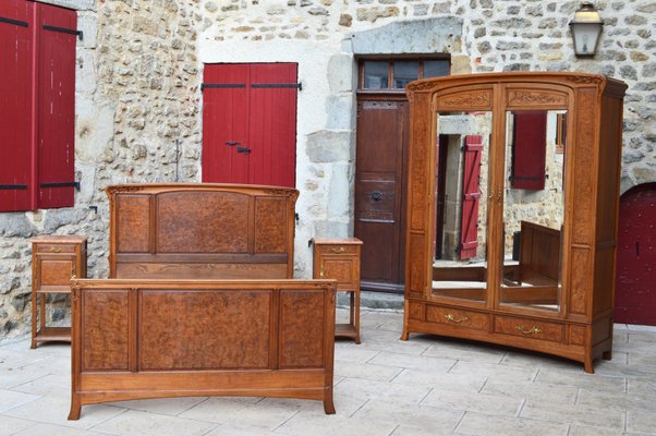 Art Nouveau Carved Bedroom Set attributed to Louis Majorelle, Set of 4-XNH-1017691